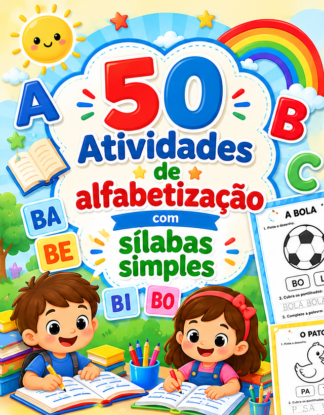 Capa colorida original do pacote de 50 atividades de alfabetização